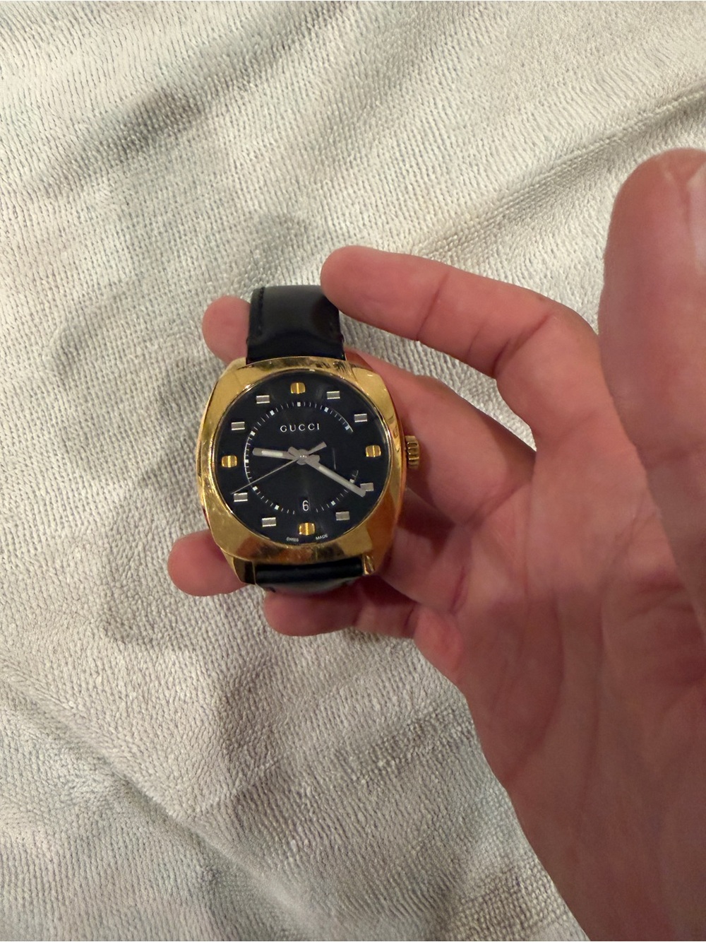 Gucci Black Dial Gold-Tone Case Leather Strap Watch